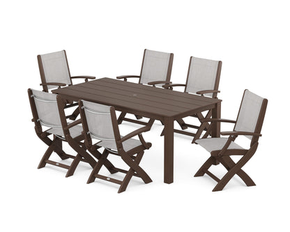 POLYWOOD® Coastal Folding Chair 7-Piece Parsons Dining Set in Mahogany / Parchment Sling