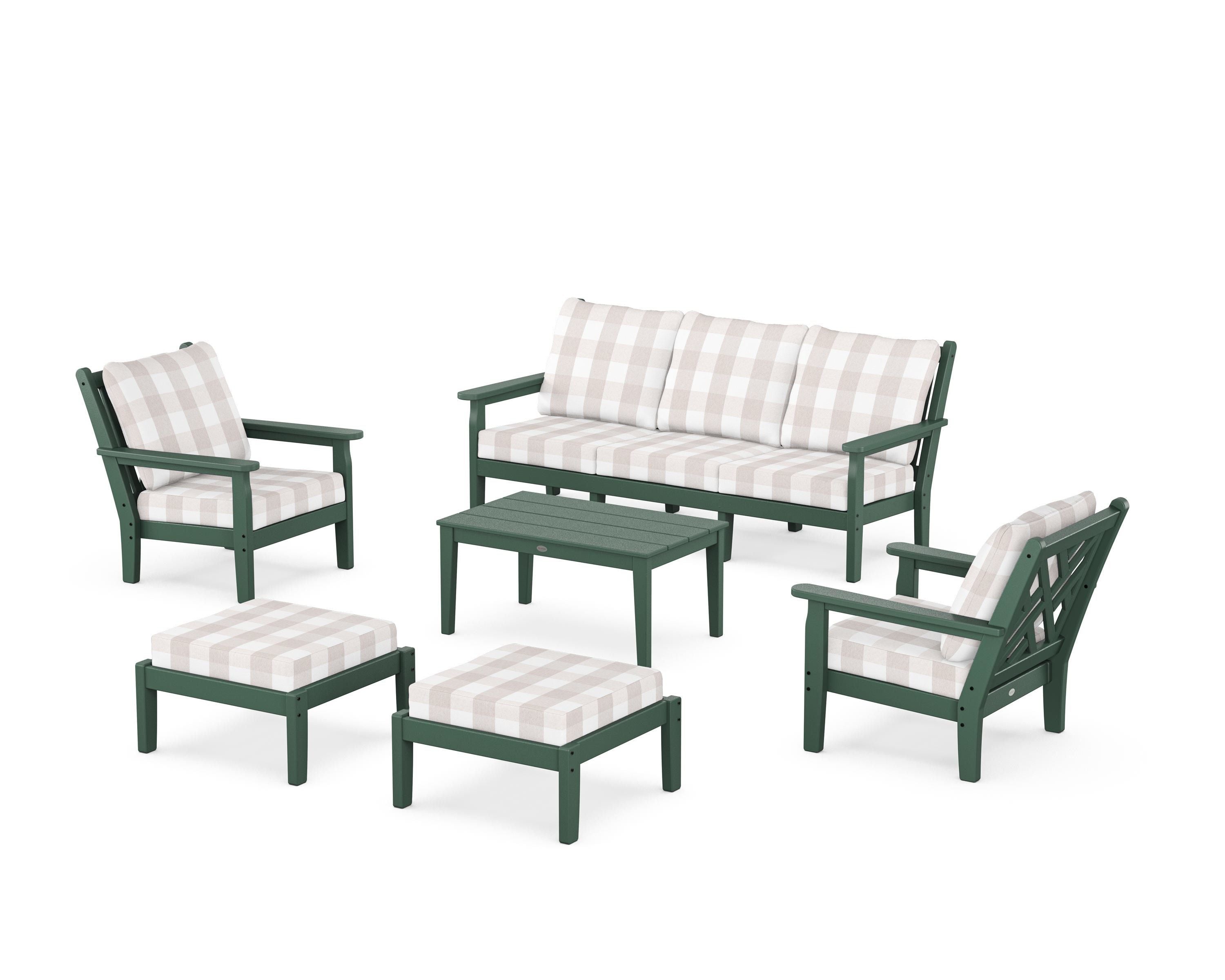 POLYWOOD® Chippendale 6-Piece Lounge Sofa Set in Green / Buffalo Plaid Dune Burlap