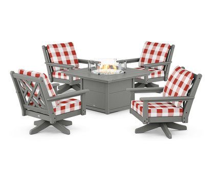 POLYWOOD® Chippendale 5-Piece Deep Seating Swivel Conversation Set with Fire Pit Table in Slate Grey / Buffalo Plaid Crimson