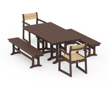 POLYWOOD® EDGE Sling Arm Chair 5-Piece Farmhouse Dining Set with Benches in Mahogany / Dupioni Apricot Sling