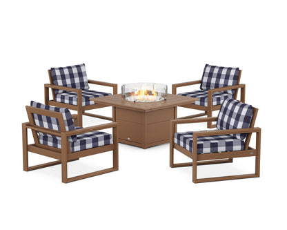 POLYWOOD® EDGE Sectional 5-Piece Deep Seating Set with Fire Pit Table in Teak / Buffalo Plaid Navy