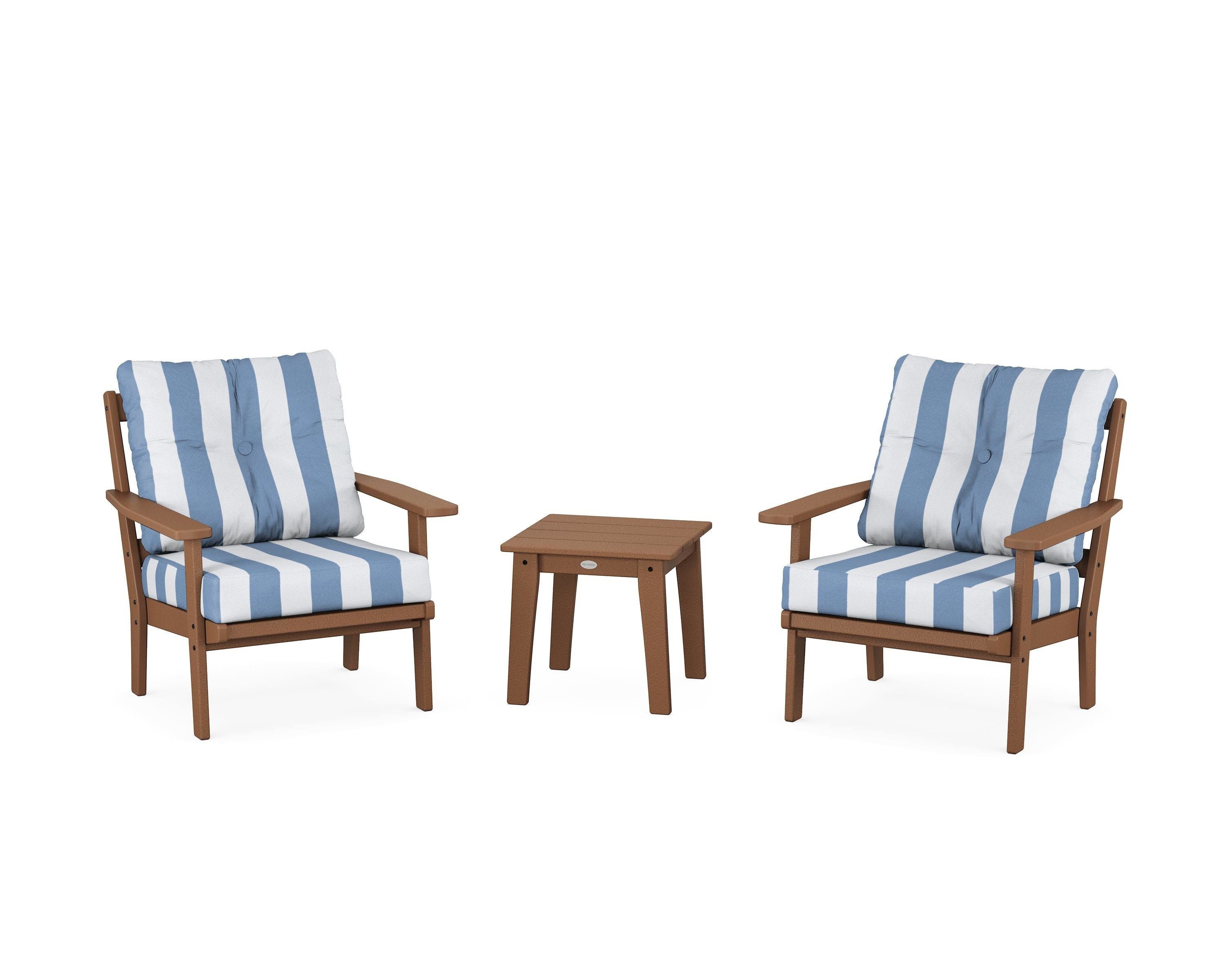 POLYWOOD® Prairie 3-Piece Deep Seating Set in Teak / Cabana Stripe Sky Blue