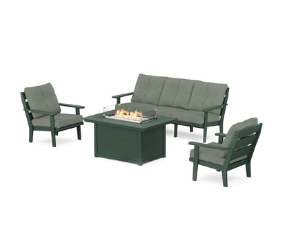 POLYWOOD® Lakeside Deep Seating Fire Pit Table Set in Green / Cast Sage
