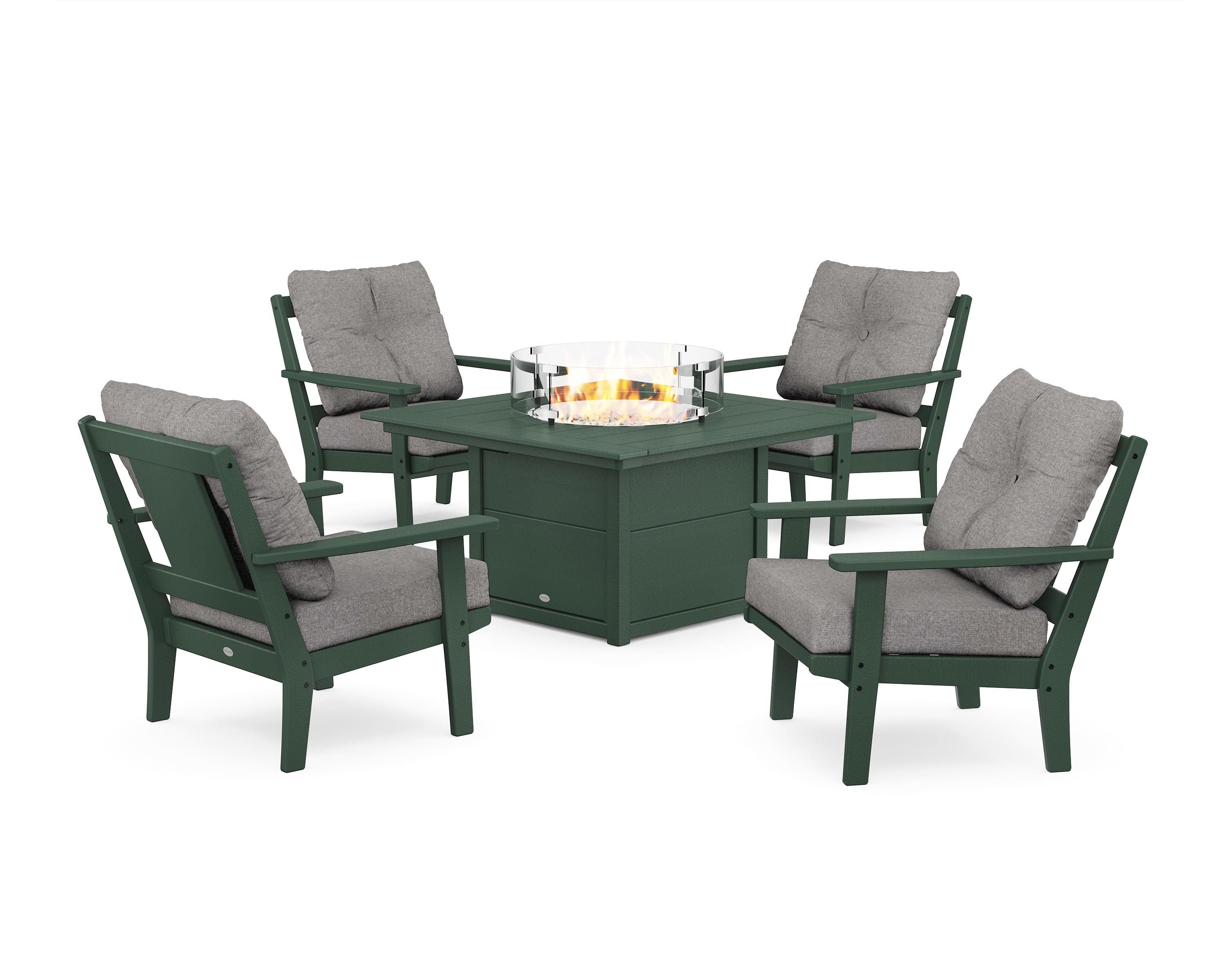 POLYWOOD® Prairie 5-Piece Deep Seating Set with Fire Pit Table in Green / Grey Mist