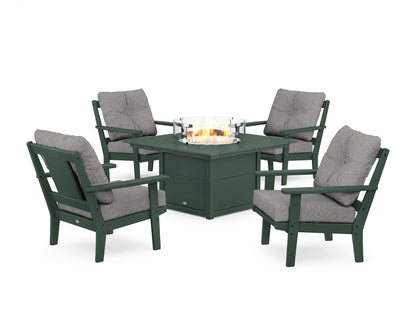 POLYWOOD® Prairie 5-Piece Deep Seating Set with Fire Pit Table in Green / Grey Mist