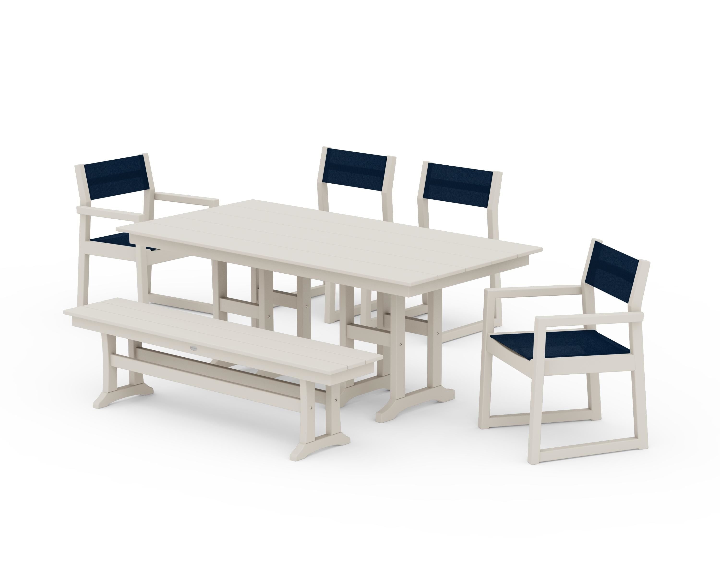 POLYWOOD® EDGE Sling 6-Piece Farmhouse Dining Set in Sand / Navy Blue Sling