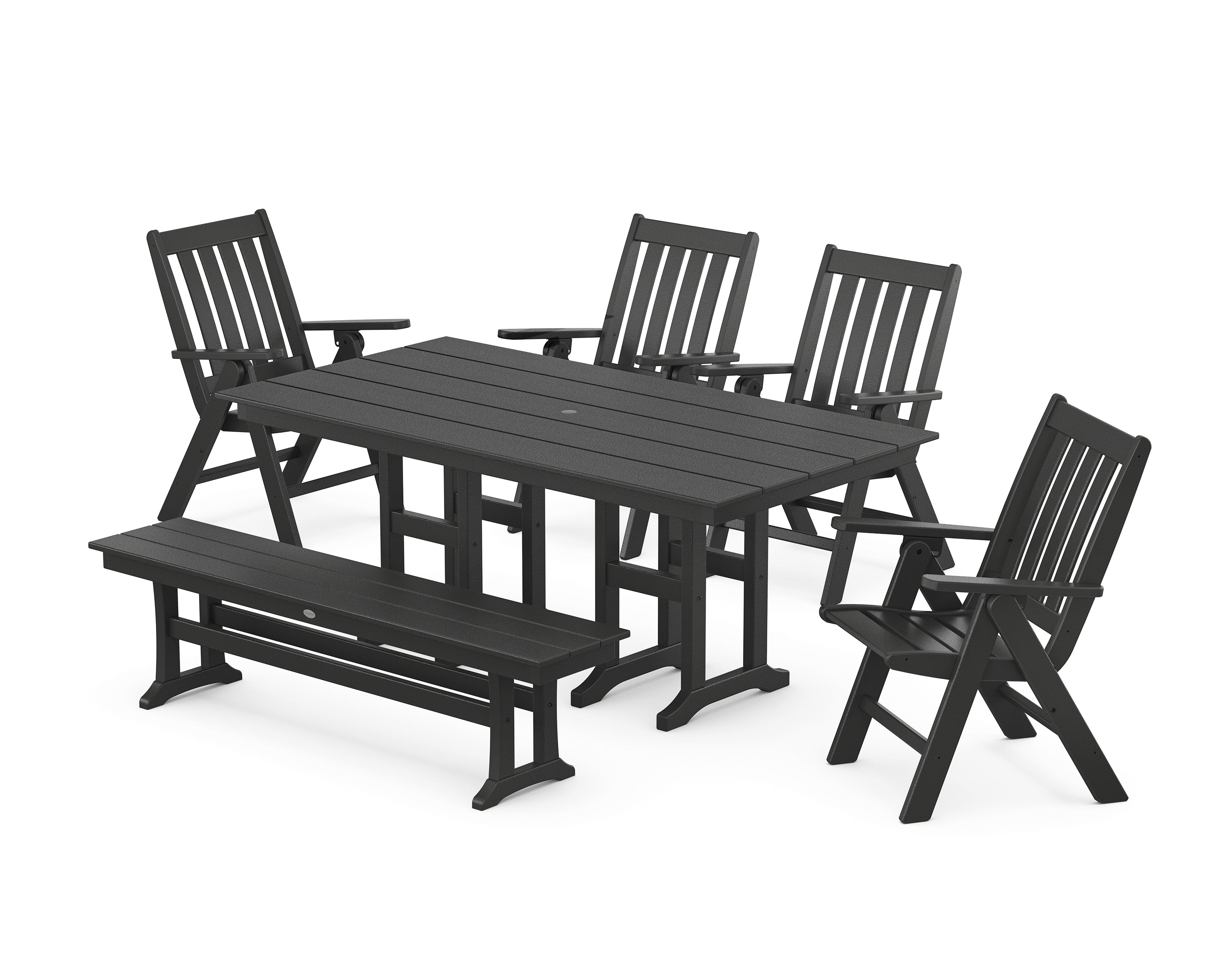 POLYWOOD® Vineyard Folding Chair 6-Piece Farmhouse Dining Set with Bench in Black