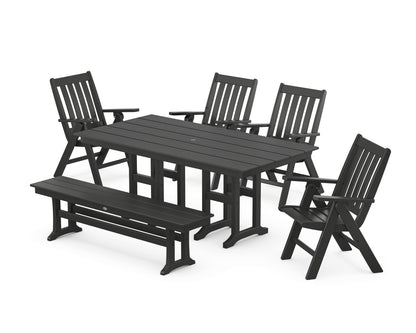 POLYWOOD® Vineyard Folding Chair 6-Piece Farmhouse Dining Set with Bench in Black