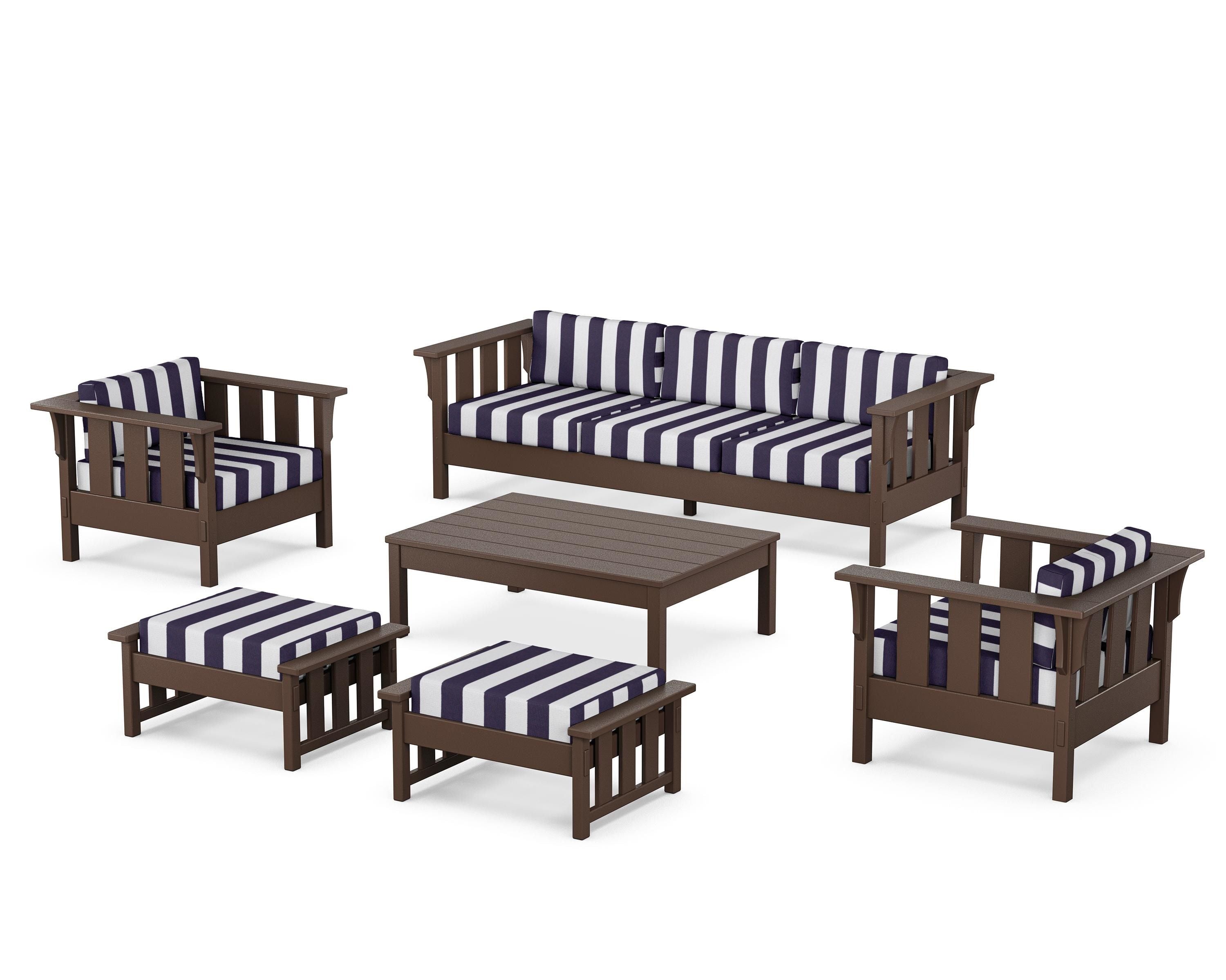 Martha Stewart by POLYWOOD® Acadia 6-Piece Lounge Sofa Set in Mahogany / Cabana Stripe Navy