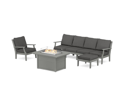 POLYWOOD® Braxton Sectional Lounge and Fire Pit Set in Slate Grey / Spectrum Carbon