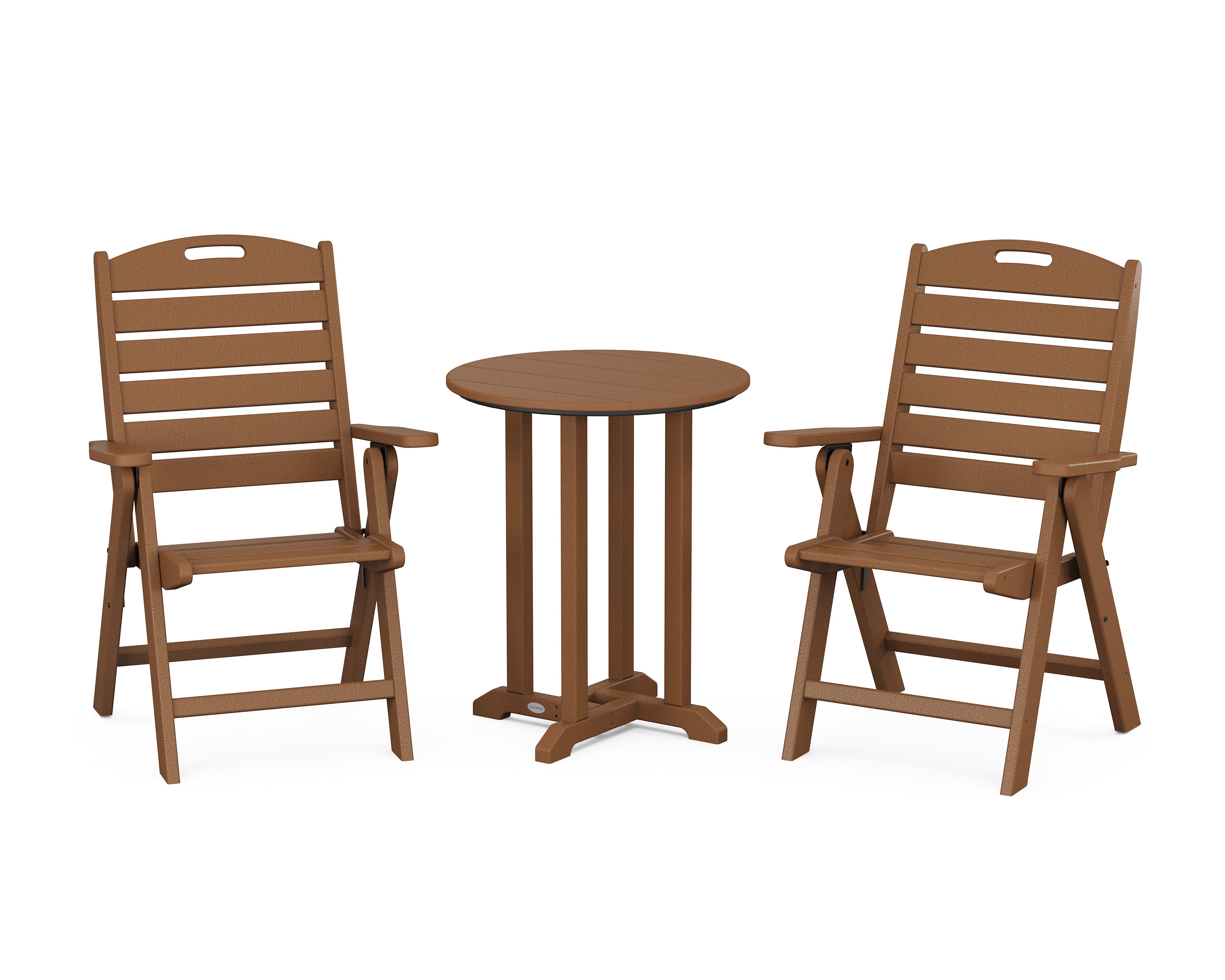 POLYWOOD® Nautical Folding Highback Chair 3-Piece Round Bistro Dining Set in Teak