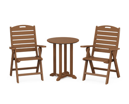 POLYWOOD® Nautical Folding Highback Chair 3-Piece Round Bistro Dining Set in Teak