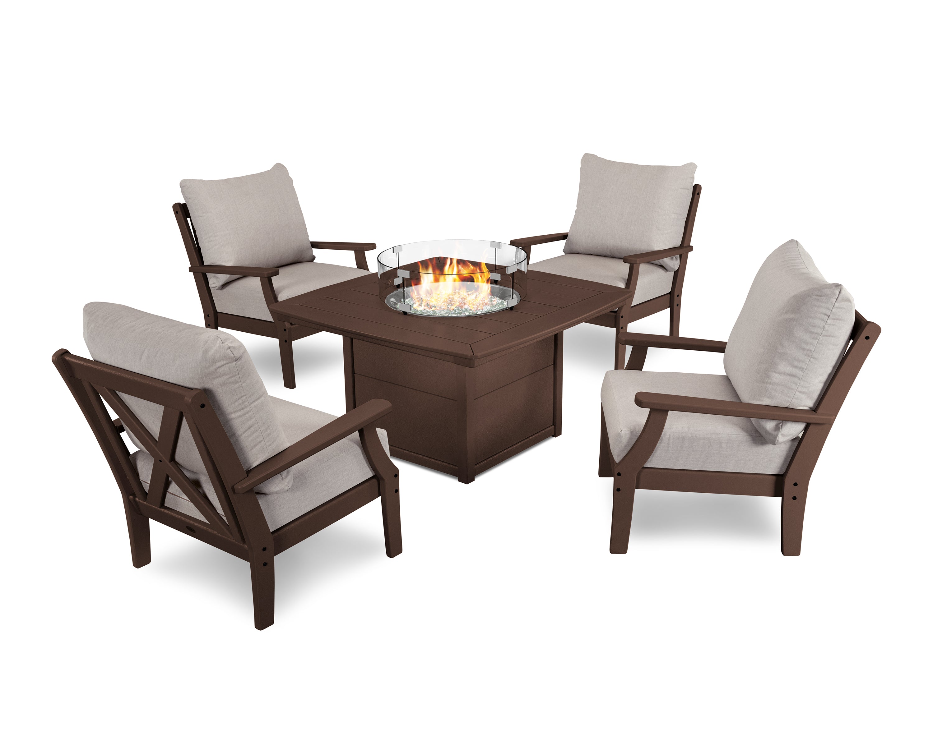 POLYWOOD® Braxton 5-Piece Deep Seating Conversation Set with Fire Pit Table in Mahogany / Cast Ash