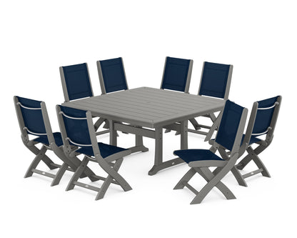 POLYWOOD® Coastal Folding Side Chair 9-Piece Dining Set with Trestle Legs in Slate Grey / Navy Blue Sling