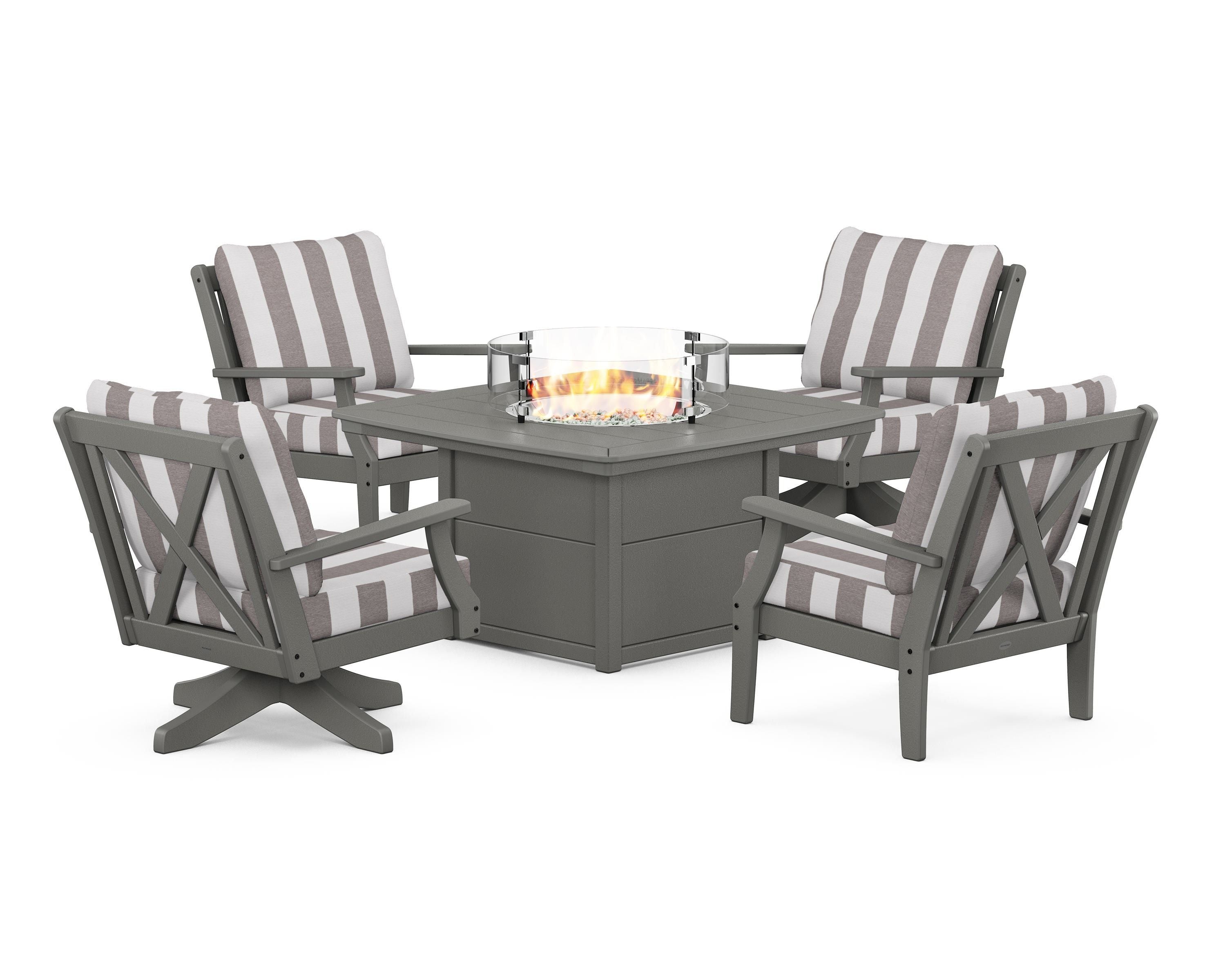 POLYWOOD® Braxton 5-Piece Deep Seating Set with Fire Table in Slate Grey / Cabana Stripe Grey Mist