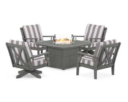 POLYWOOD® Braxton 5-Piece Deep Seating Set with Fire Table in Slate Grey / Cabana Stripe Grey Mist