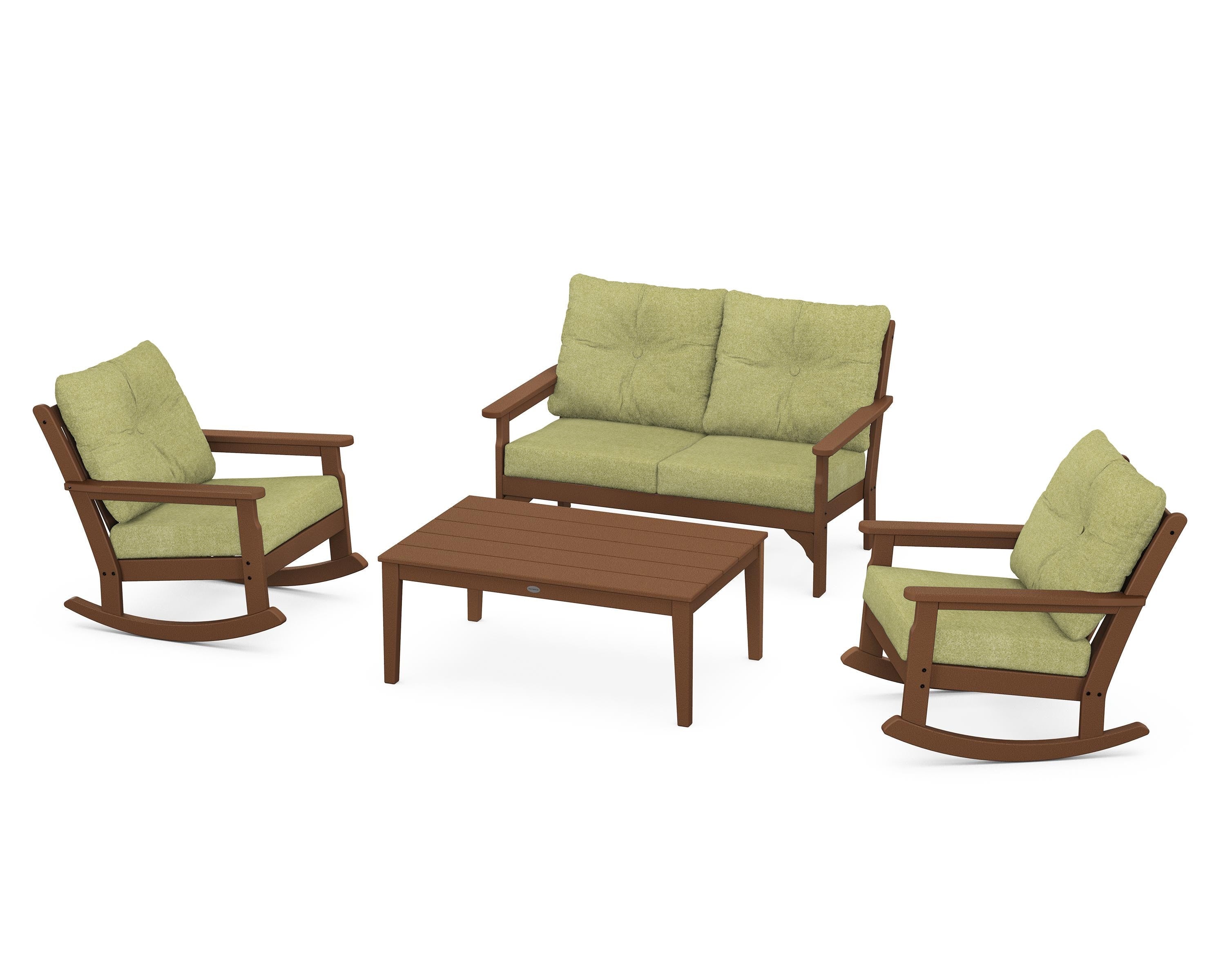 POLYWOOD® Vineyard 4-Piece Deep Seating Rocking Chair Set in Teak / Chartreuse Boucle