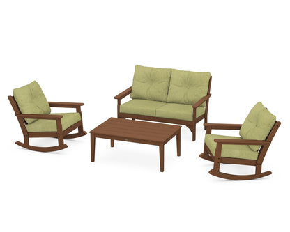 POLYWOOD® Vineyard 4-Piece Deep Seating Rocking Chair Set in Teak / Chartreuse Boucle