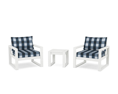 POLYWOOD® EDGE Sectional 3-Piece Deep Seating Set in White / Buffalo Plaid Marine Indigo