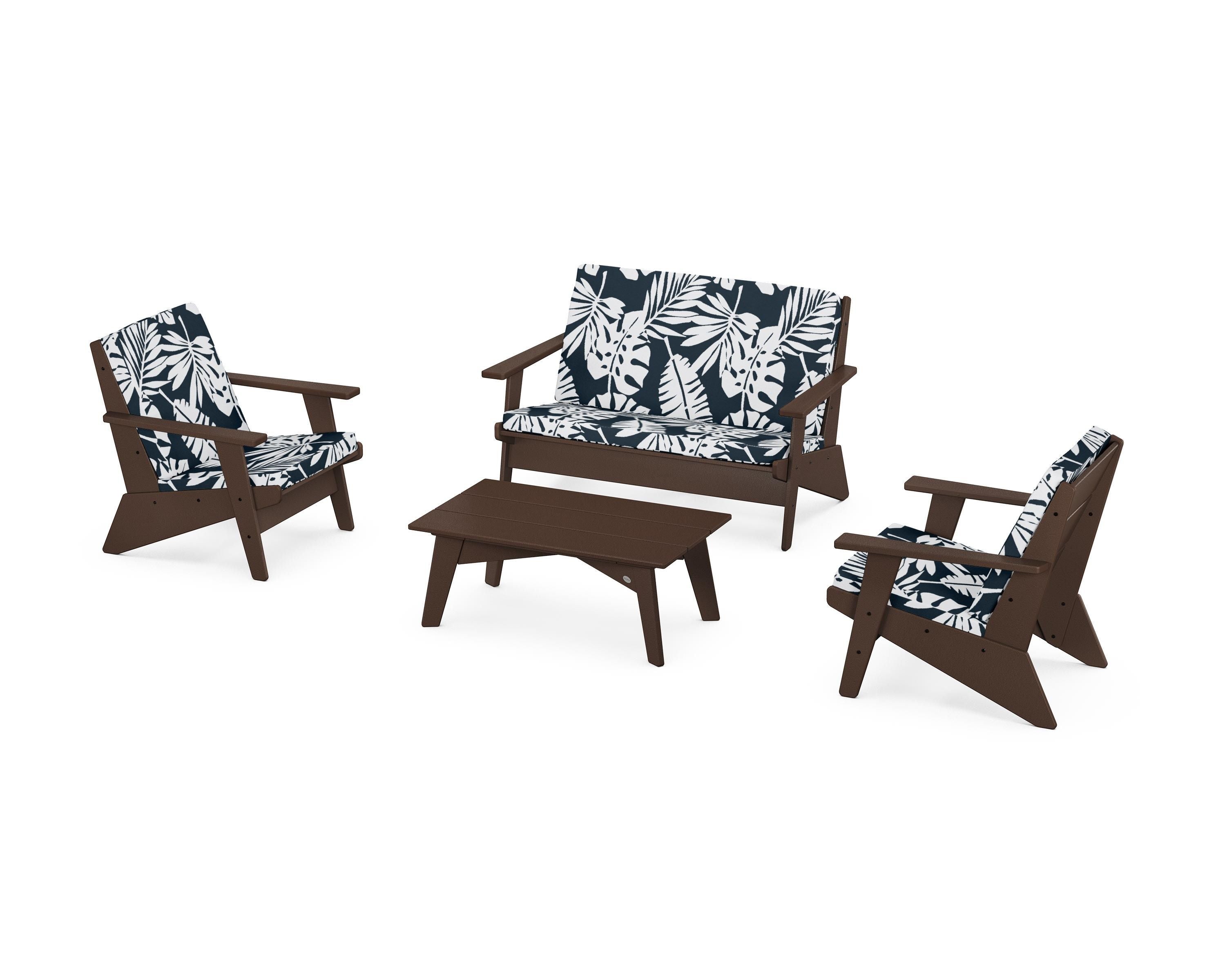 POLYWOOD® Riviera Modern Lounge 4-Piece Set in Mahogany / Leaf Marine Indigo