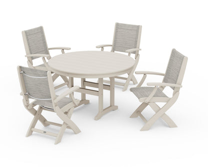 POLYWOOD® Coastal Folding Chair 5-Piece Round Dining Set in Sand / Birch Sling