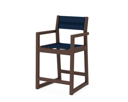 POLYWOOD® EDGE Sling Counter Arm Chair in Mahogany / Navy Blue Sling