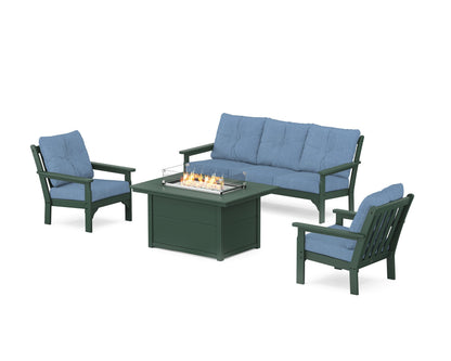POLYWOOD® Vineyard Deep Seating Fire Pit Table Set in Green / Sky Blue