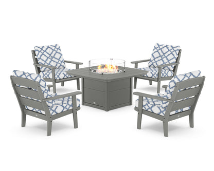 POLYWOOD® Lakeside 5-Piece Deep Seating Set with Nautical Fire Pit Table in Slate Grey / Trellis Sky Blue