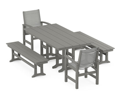 POLYWOOD® Coastal 5-Piece Farmhouse Dining Set in Slate Grey / Metallic Sling