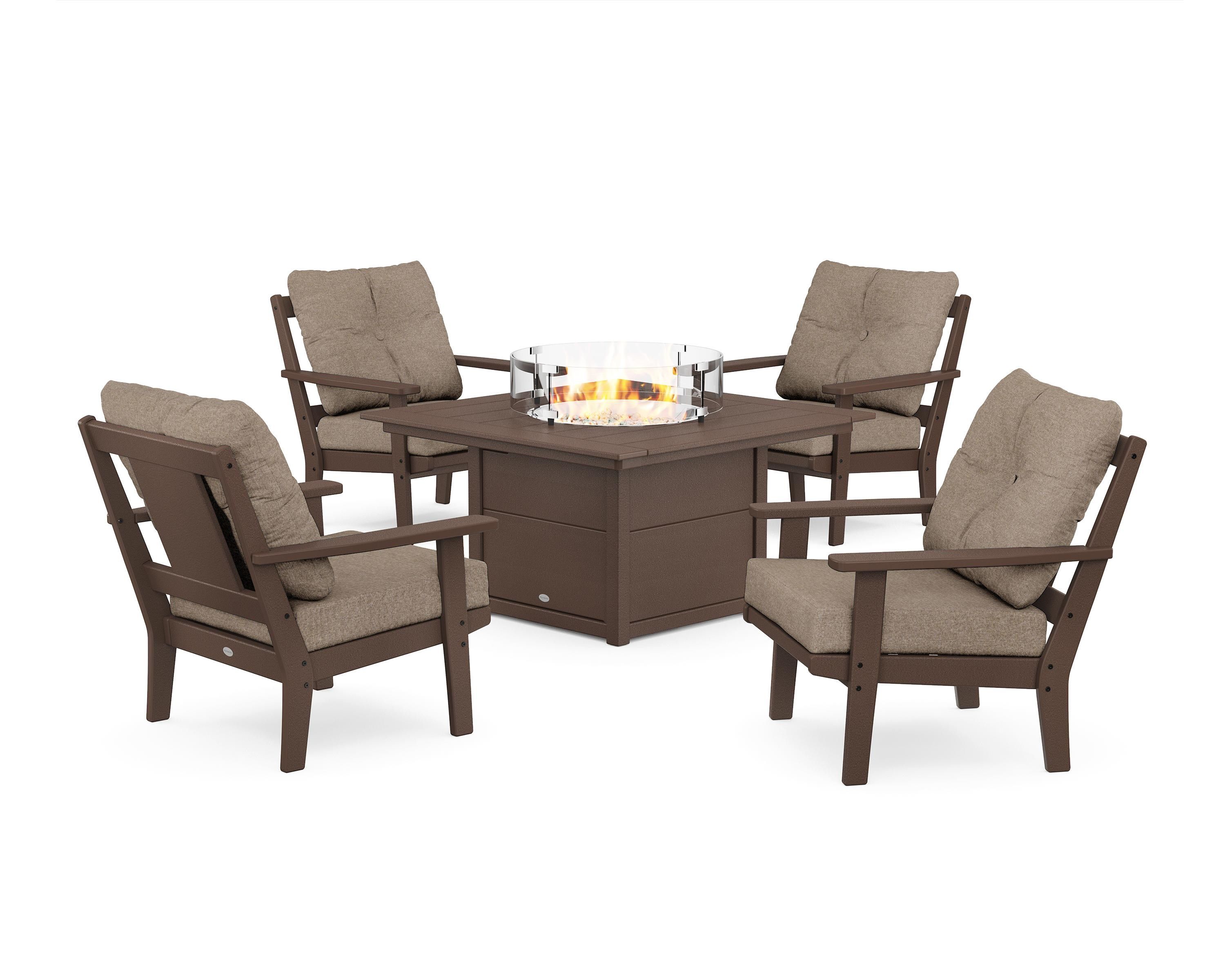 POLYWOOD® Prairie 5-Piece Deep Seating Set with Fire Pit Table in Mahogany / Spiced Burlap