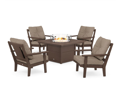 POLYWOOD® Prairie 5-Piece Deep Seating Set with Fire Pit Table in Mahogany / Spiced Burlap