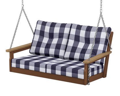 POLYWOOD® Vineyard Deep Seating Swing in Teak / Natural / Buffalo Plaid Navy