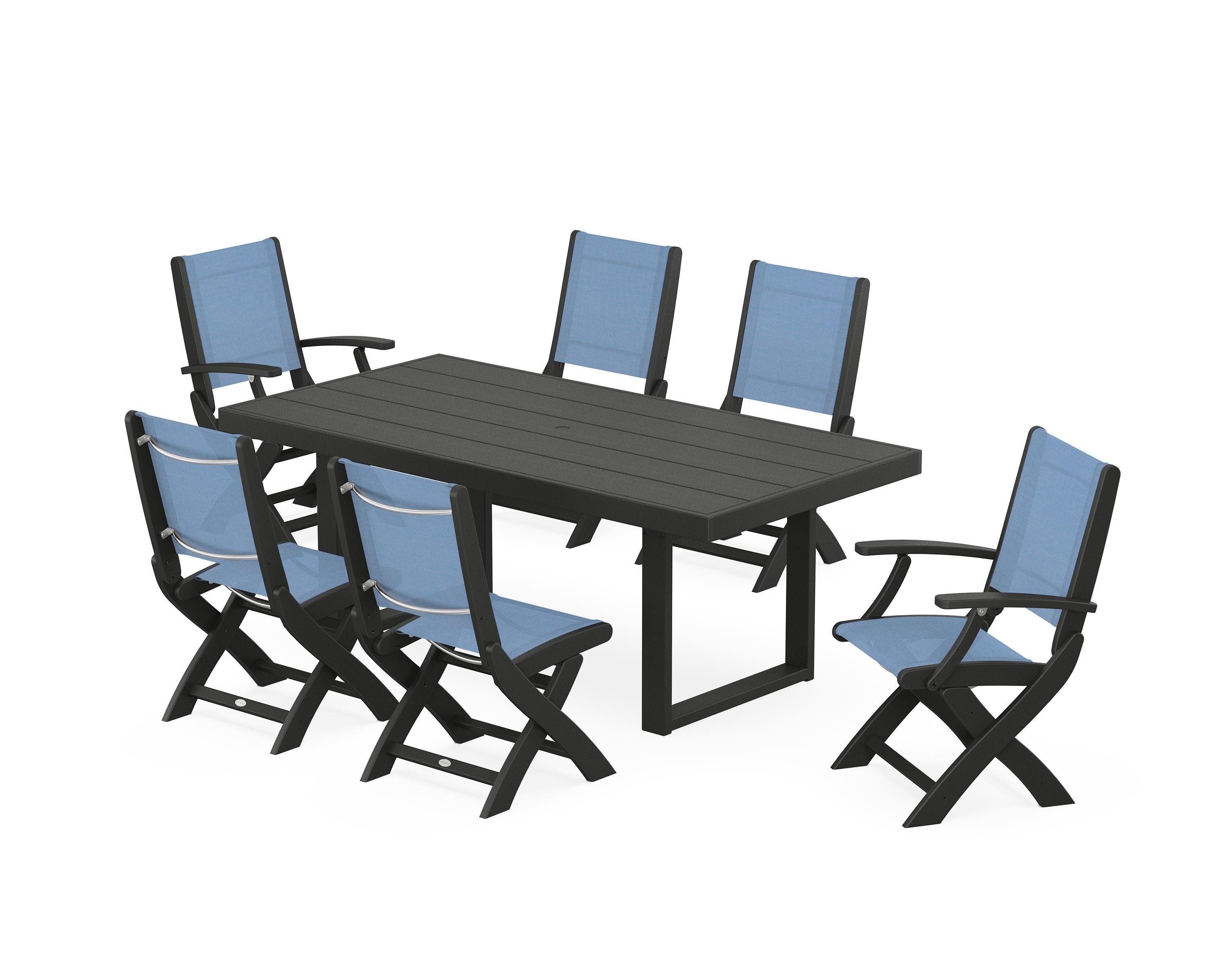 POLYWOOD® Coastal Folding Chair 7-Piece Dining Set with Trestle Legs in Black / Poolside Sling