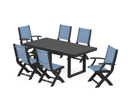 POLYWOOD® Coastal Folding Chair 7-Piece Dining Set with Trestle Legs in Black / Poolside Sling