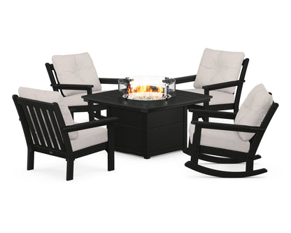 POLYWOOD® Vineyard 5-Piece Deep Seating Rocking Chair Conversation Set with Fire Pit Table in Black / Dune Burlap