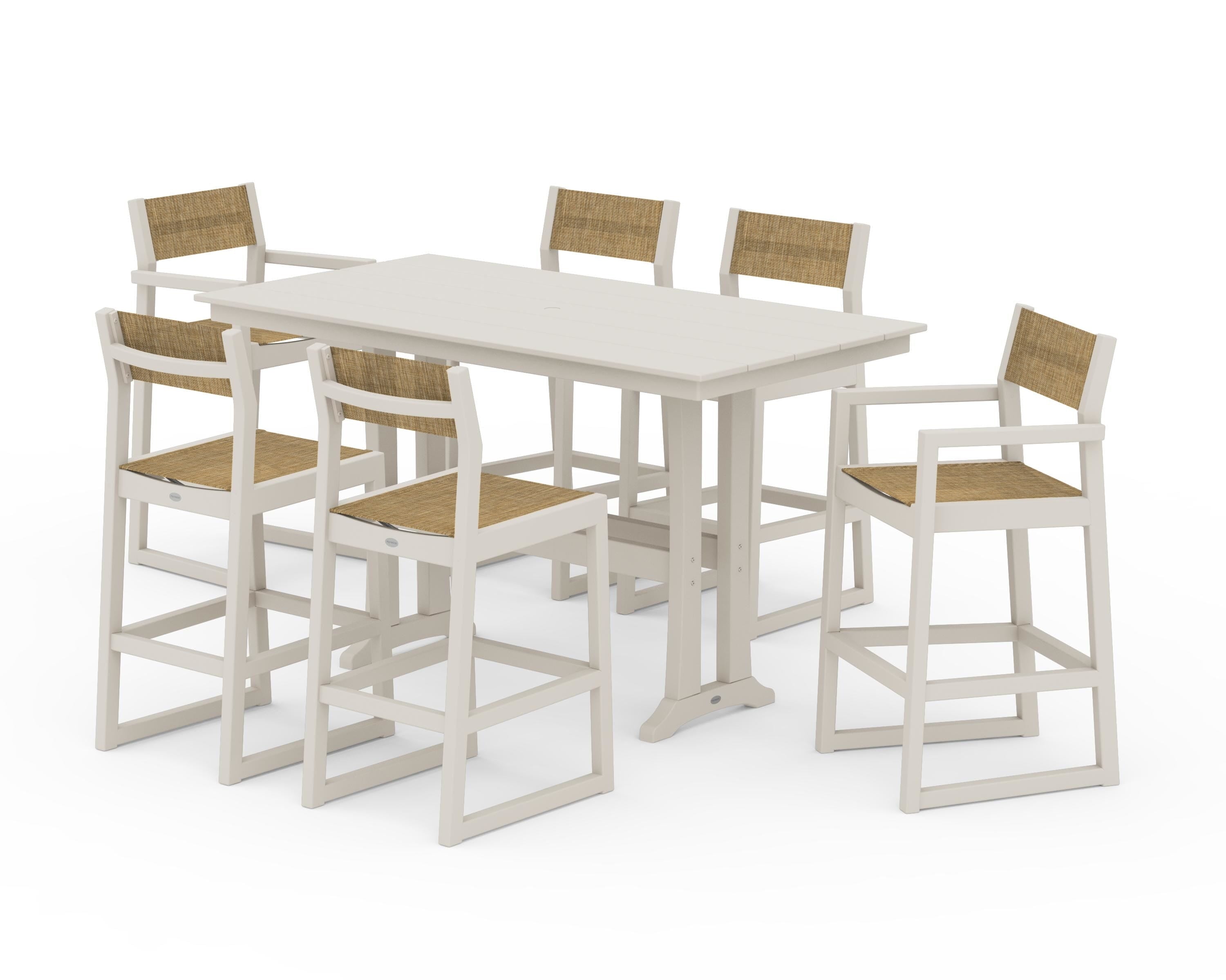 POLYWOOD® EDGE Sling 7-Piece Farmhouse Bar Set with Trestle Legs in Sand / Burlap Sling