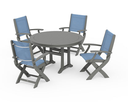 POLYWOOD® Coastal Folding Chair 5-Piece Round Dining Set with Trestle Legs in Slate Grey / Poolside Sling