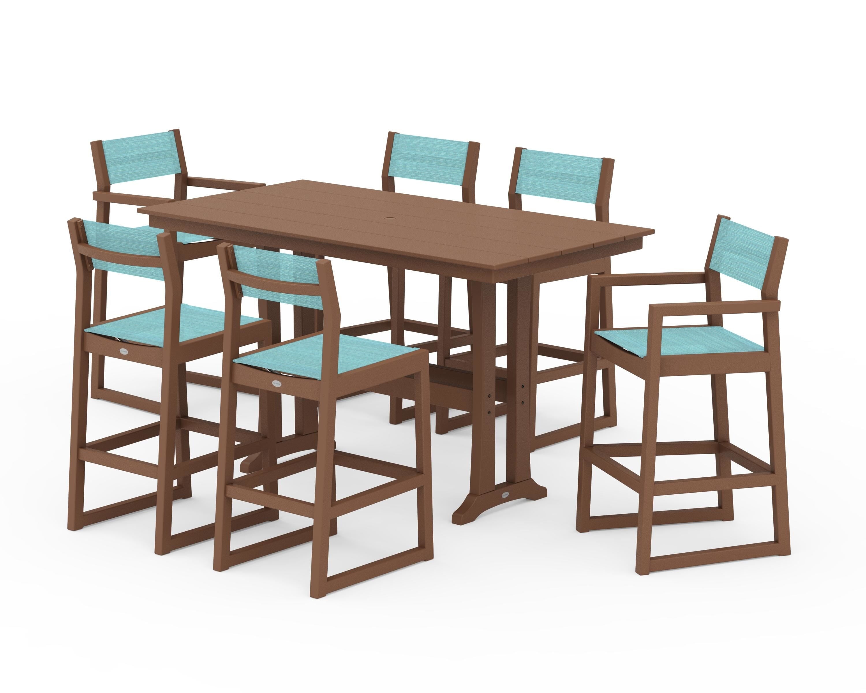 POLYWOOD® EDGE Sling 7-Piece Farmhouse Bar Set with Trestle Legs in Teak / Dupioni Aquamarine Sling