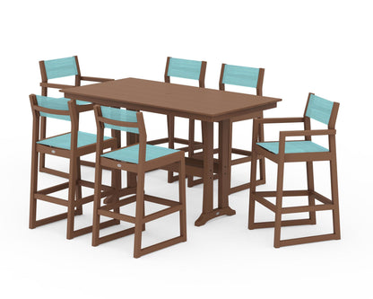 POLYWOOD® EDGE Sling 7-Piece Farmhouse Bar Set with Trestle Legs in Teak / Dupioni Aquamarine Sling