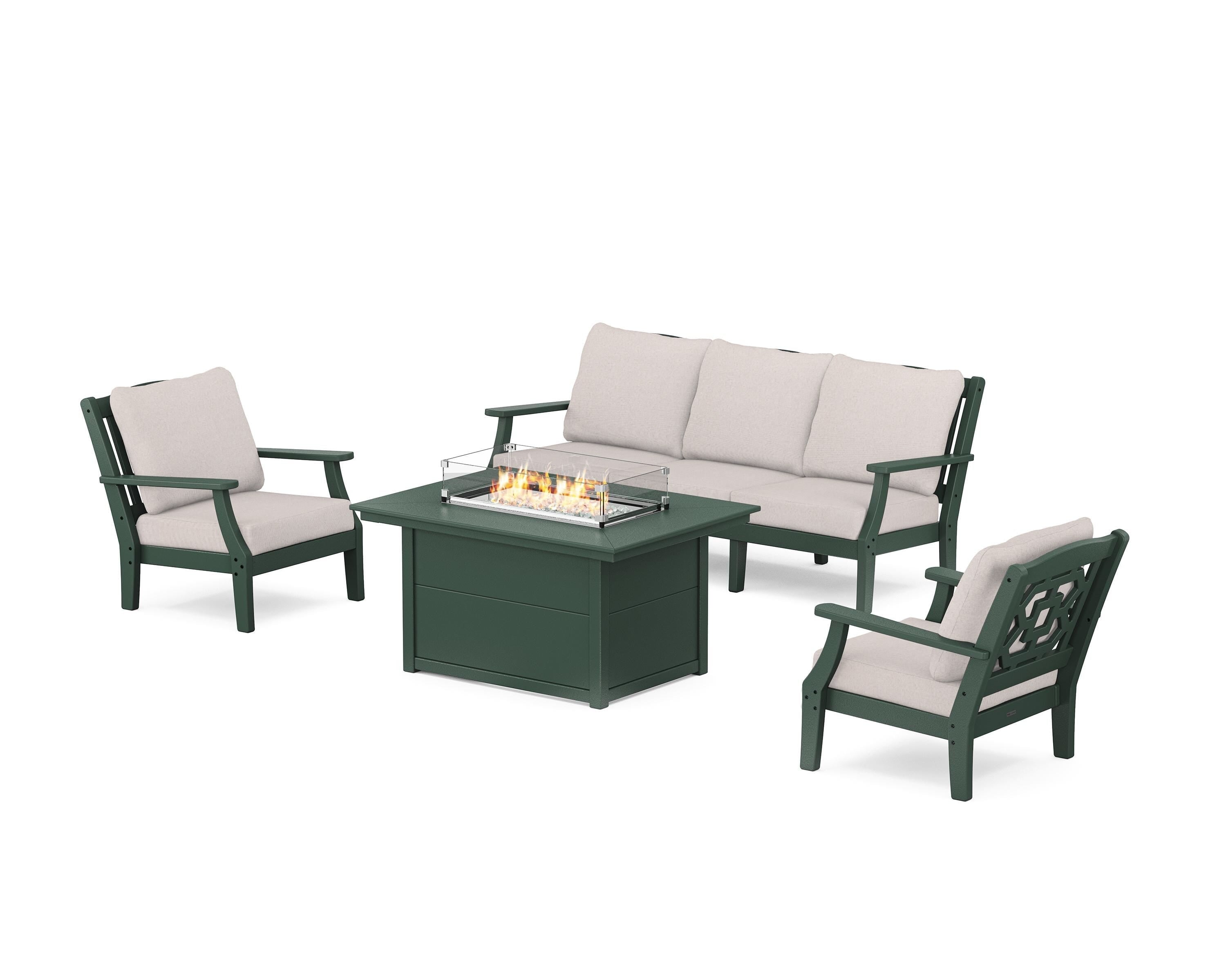 Martha Stewart by POLYWOOD® Chinoiserie Deep Seating Fire Pit Table Set in Green / Dune Burlap