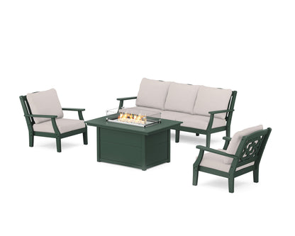 Martha Stewart by POLYWOOD® Chinoiserie Deep Seating Fire Pit Table Set in Green / Dune Burlap