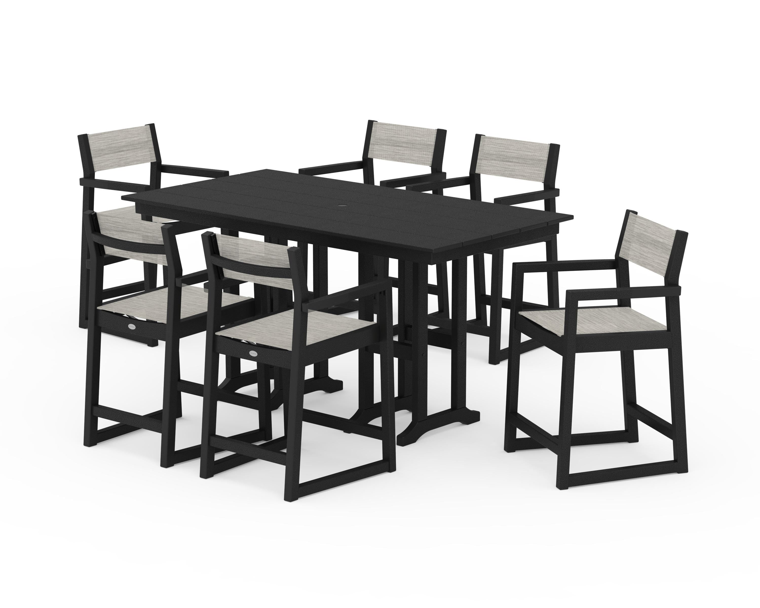 POLYWOOD® EDGE Sling Arm Chair 7-Piece Farmhouse Counter Set in Black / Birch Sling