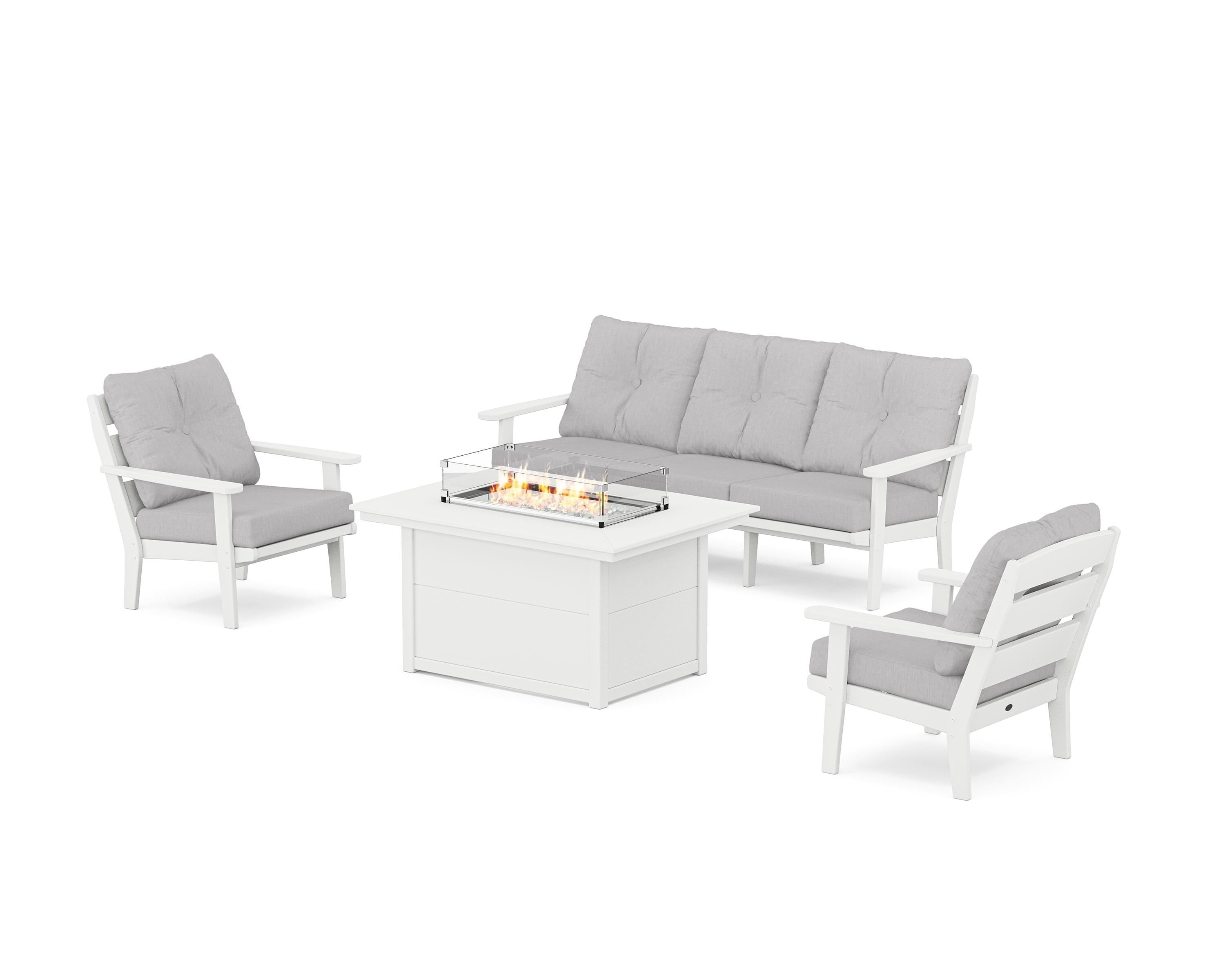 POLYWOOD® Lakeside Deep Seating Fire Pit Table Set in White / Granite