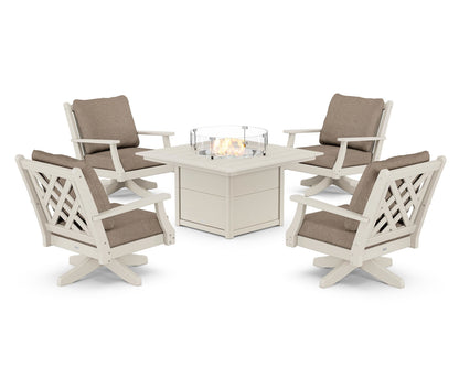 Country Living Wovendale 5-Piece Deep Seating Swivel Conversation Set with Fire Pit Table in Sand / Spiced Burlap