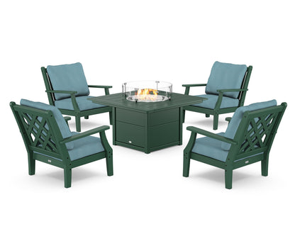 Country Living Wovendale 5-Piece Deep Seating Set with Fire Pit Table in Green / Lattice Sky Blue