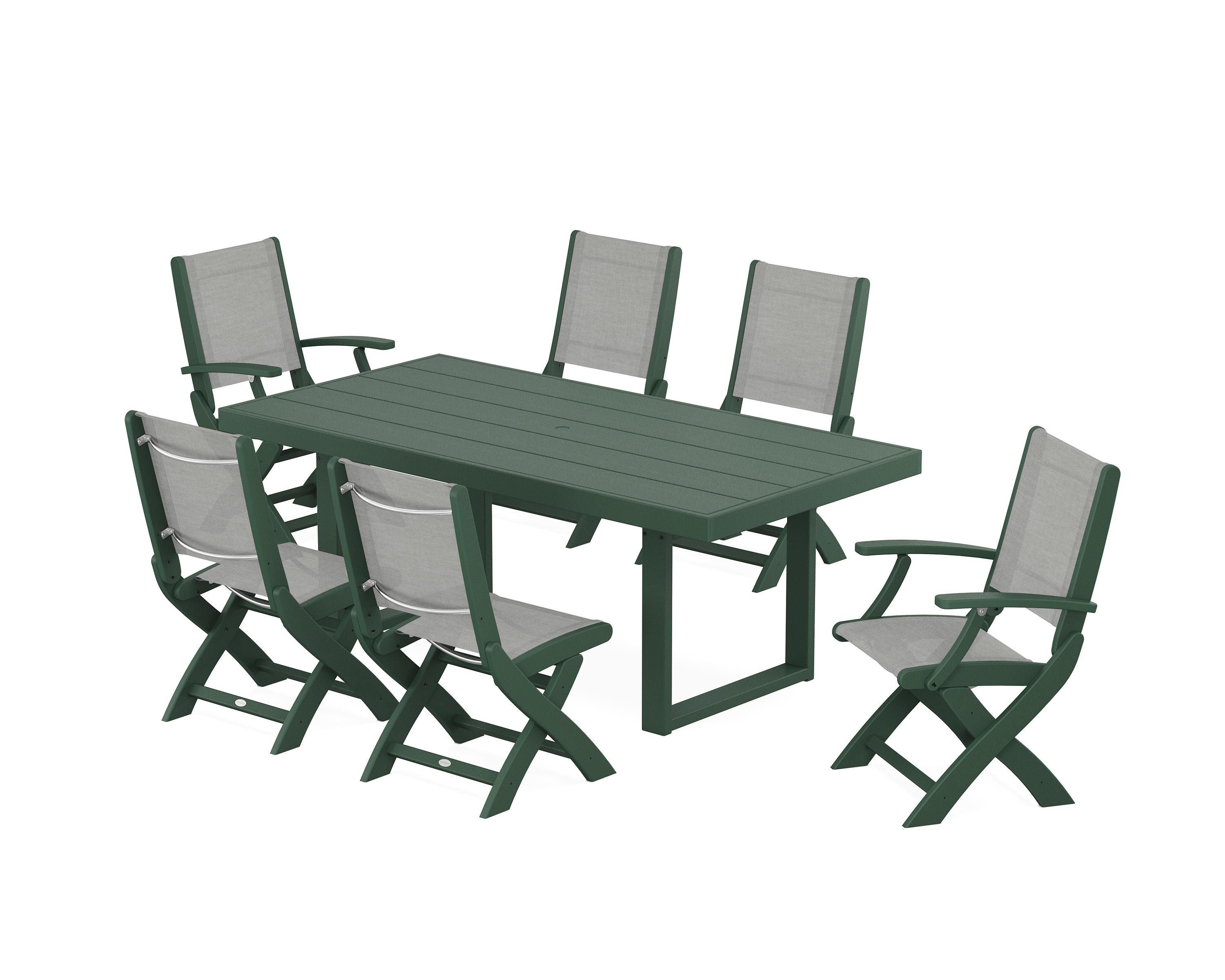 POLYWOOD® Coastal Folding Chair 7-Piece Dining Set with Trestle Legs in Green / Metallic Sling