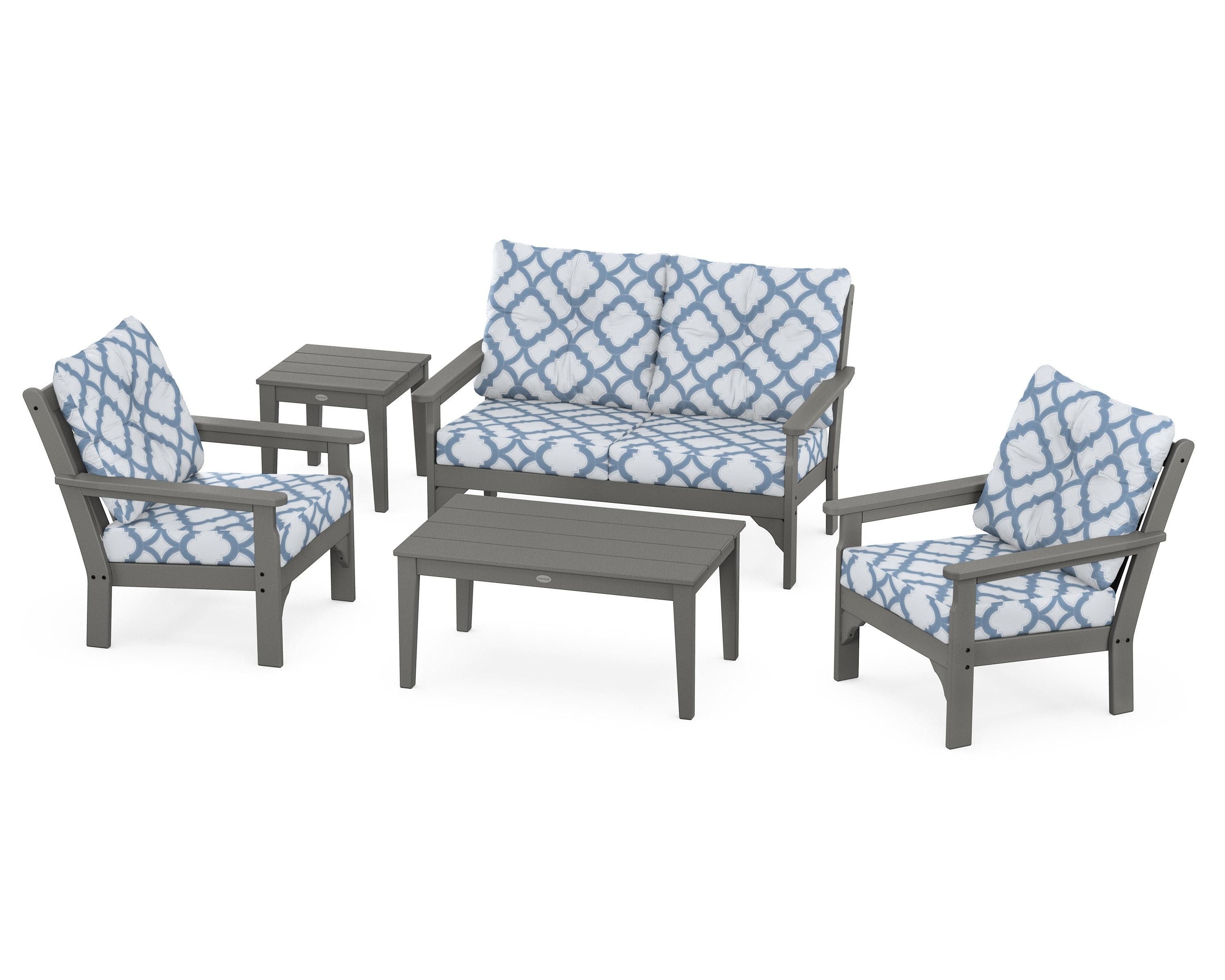POLYWOOD® Vineyard 5-Piece Deep Seating Set in Slate Grey / Trellis Sky Blue