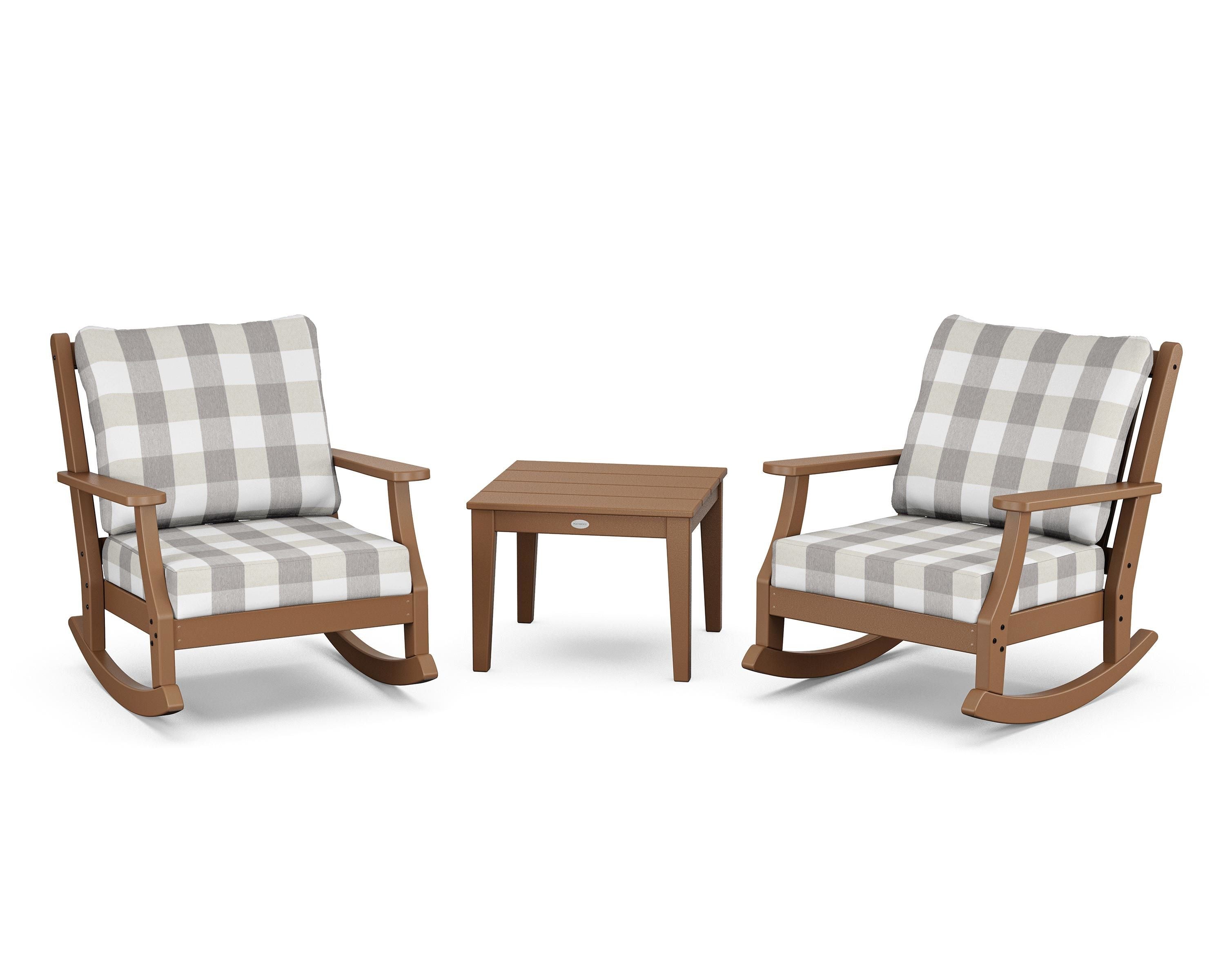 Country Living Wovendale 3-Piece Deep Seating Rocker Set in Teak / Buffalo Plaid Grey Mist