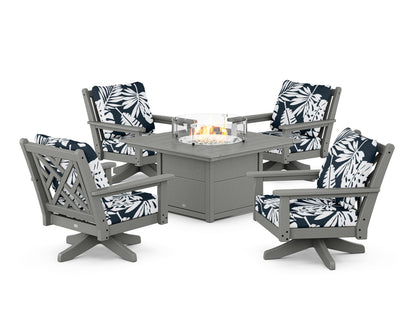 POLYWOOD® Chippendale 5-Piece Deep Seating Swivel Conversation Set with Fire Pit Table in Slate Grey / Leaf Marine Indigo