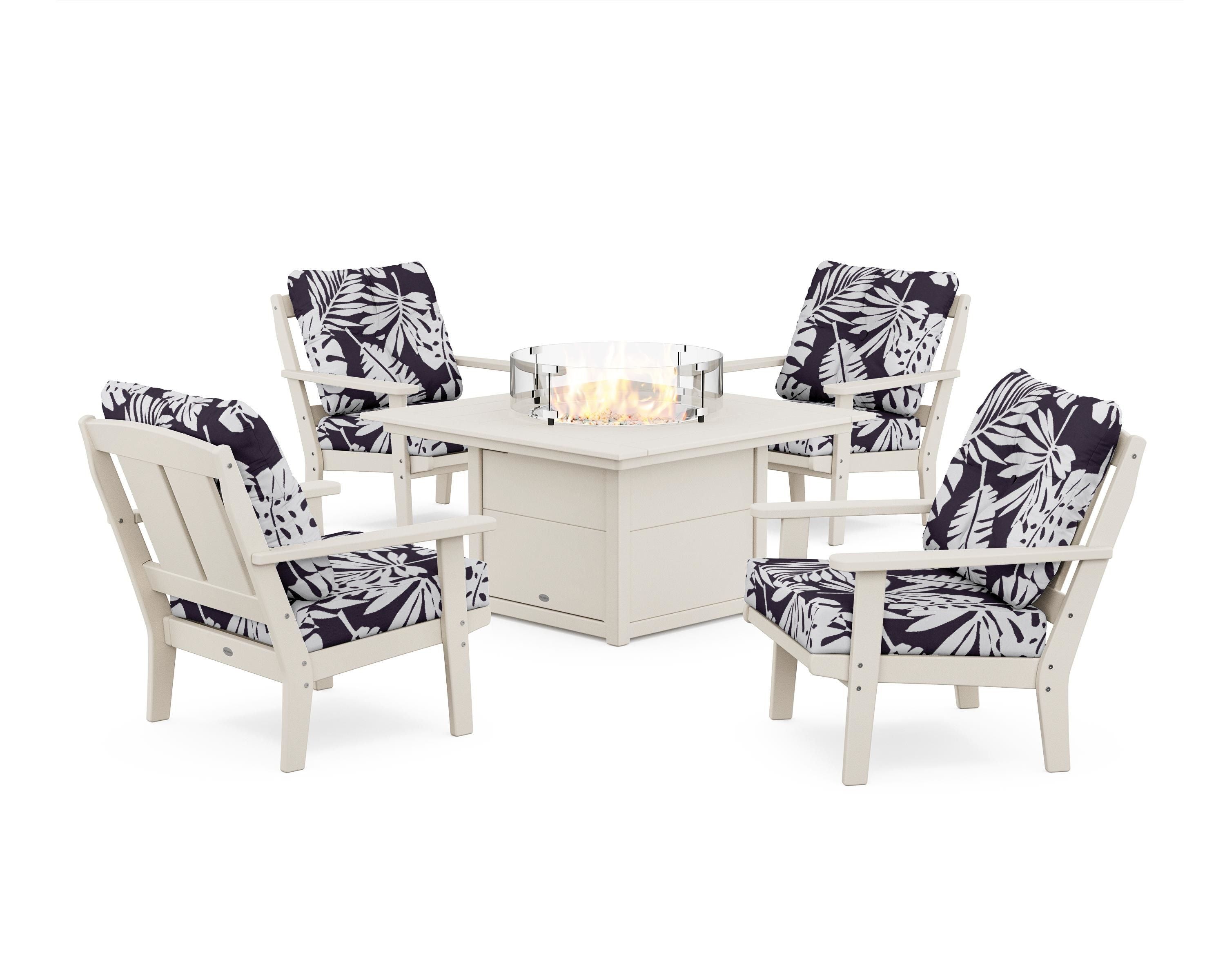 POLYWOOD® Mission 5-Piece Deep Seating Set with Fire Pit Table in Sand / Leaf Navy